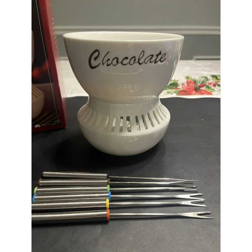 Williams Sonoma Porcelain Fondue Pot with 6 Dipping Forks - New in Box